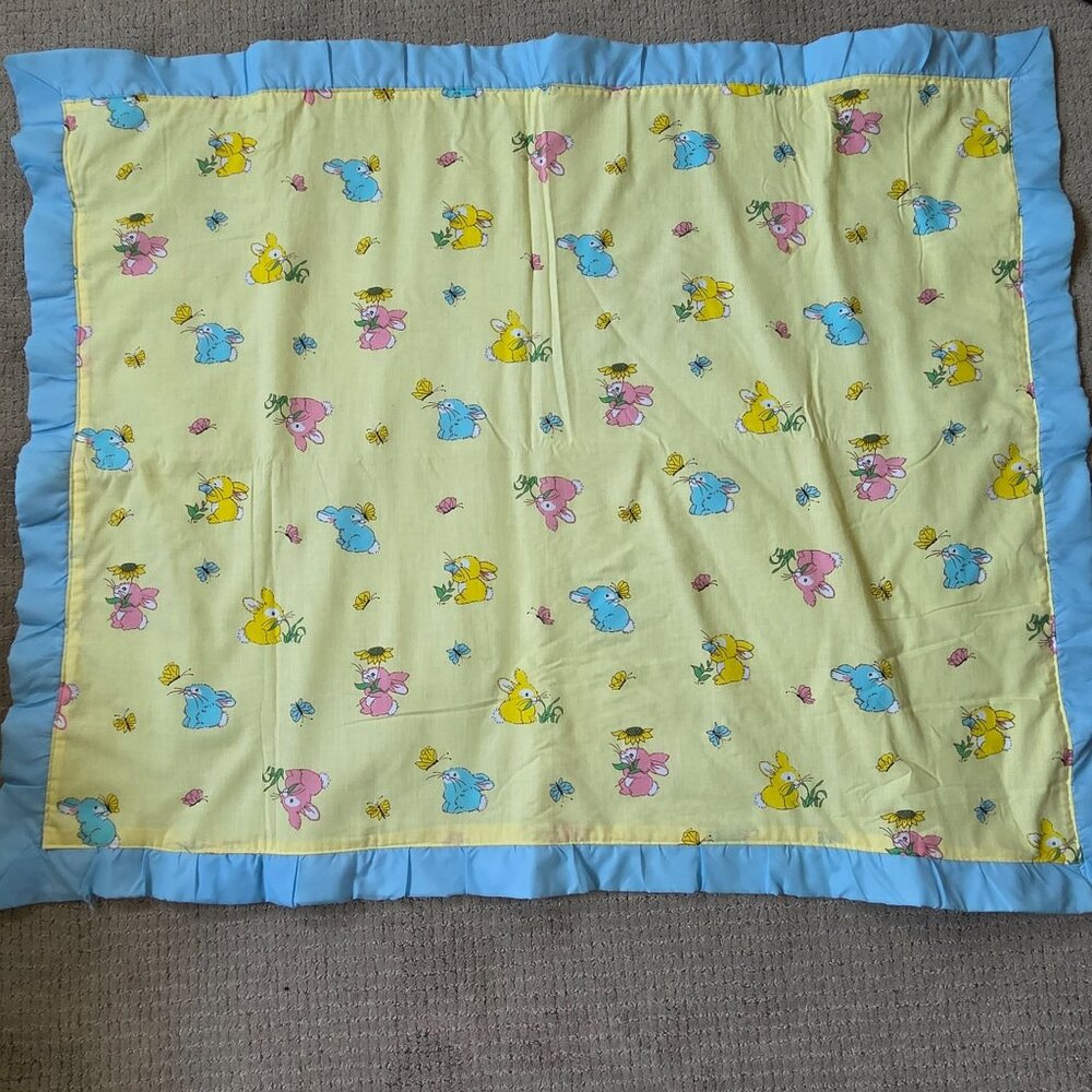 Vintage Cannon Mills Baby Blanket Yellow Bunnies Satin Trim Pastel  37" x 45"